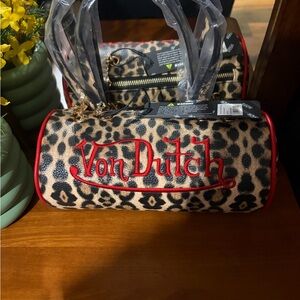 Von Dutch Leopard Print Mini Barrel Bag in Beige, Black and Red
